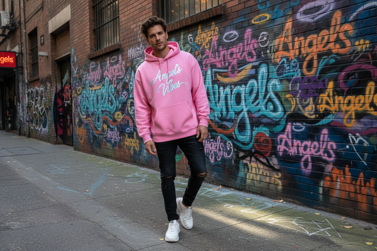 Men Hoodie pink modeling  with graphic that say Angel's Vibes and urban backgroung with grapffity say Angels