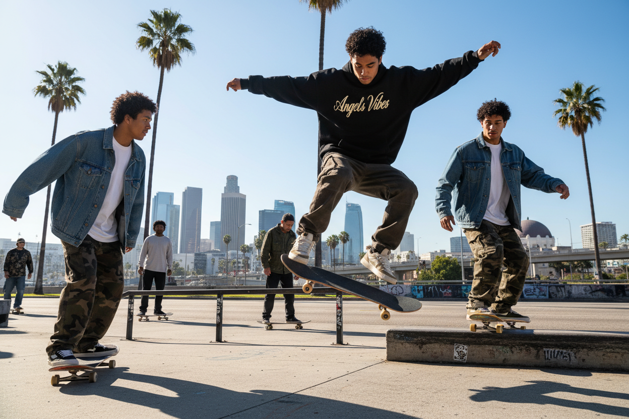 Men in oversized clothing in skate with Los Angeles backgroung and a hoodie in black and letter gold that say Angel's Vibes