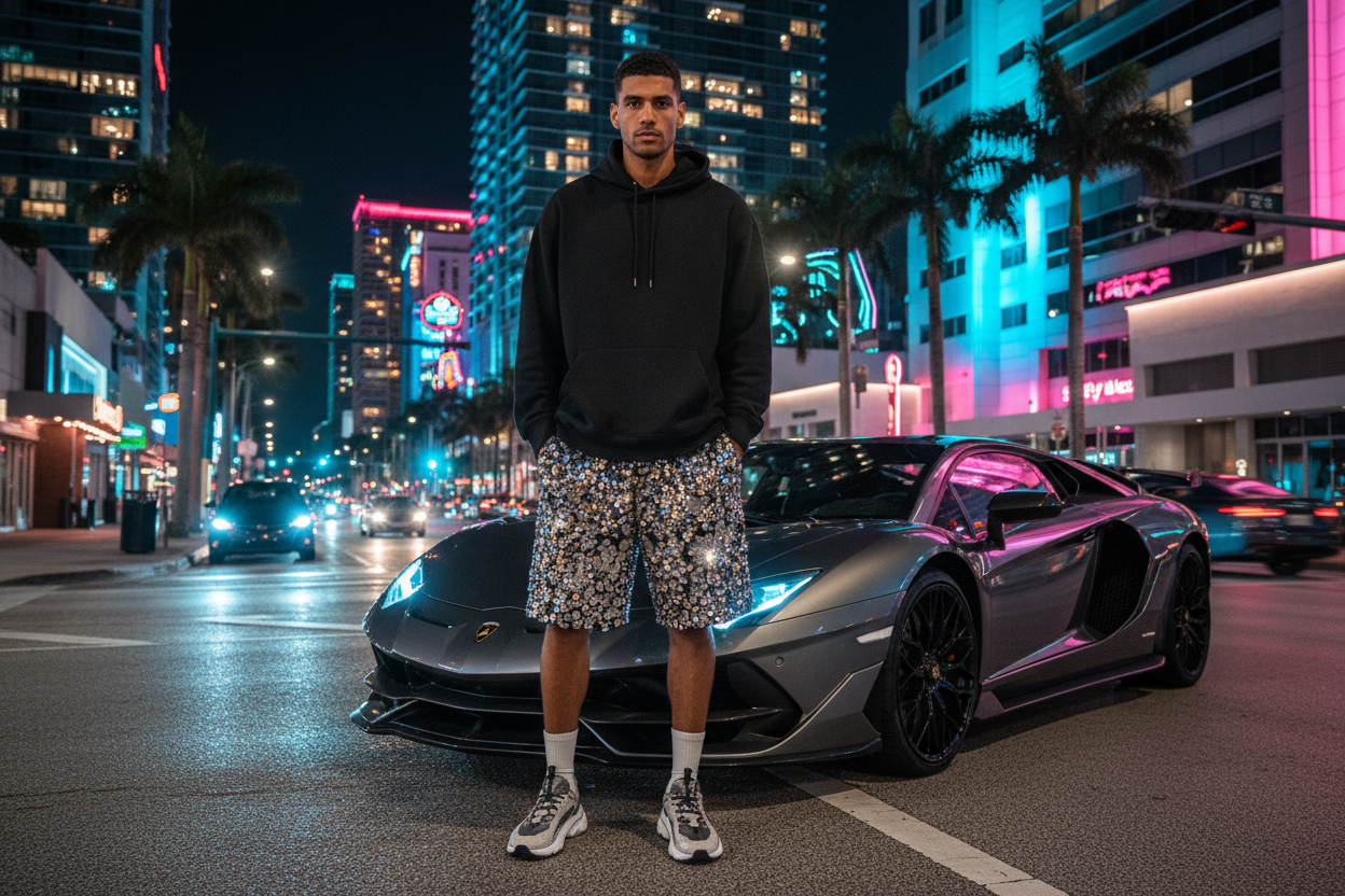 MEN IN SHORT OVERSIZED WITH SPARKLING, MIAMI DURING NIGHT, LAMBORGHINI and a hoodie 