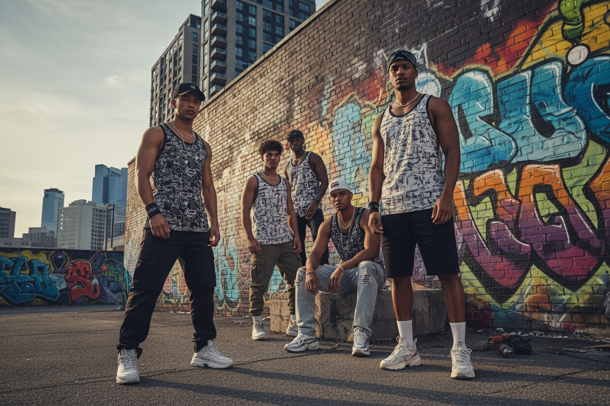 men modeling a tank clothing urban styles with graffitti backgrouns and buildings