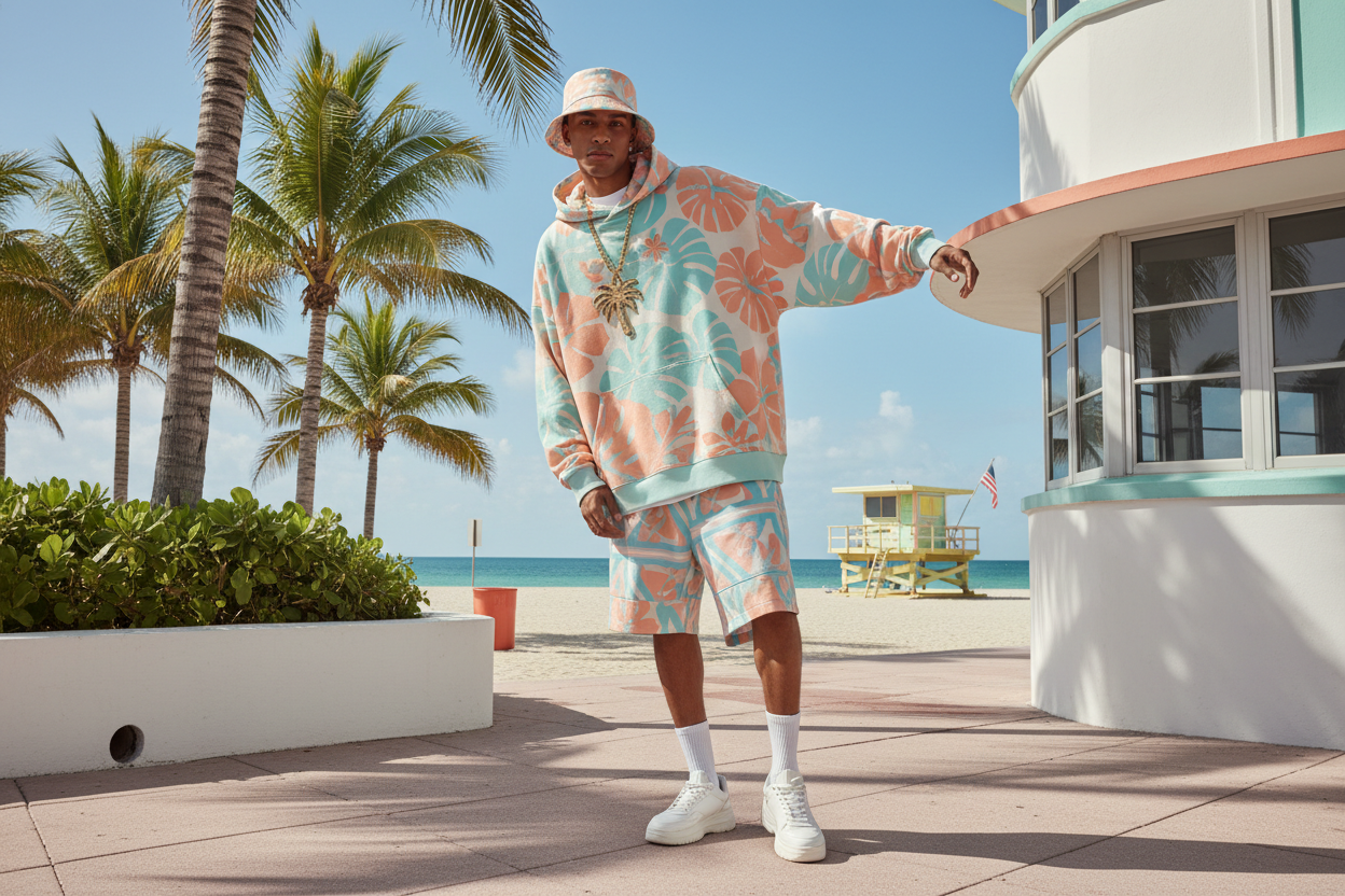 MEN MODELING OVERSIZED SHORTS AND HOODIES MIAMI STYLE