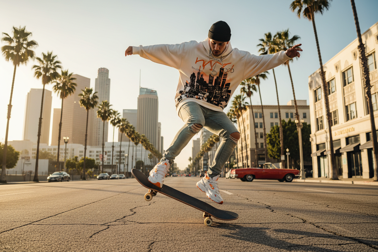 men urban style modeling in skateboar in Los Angeles