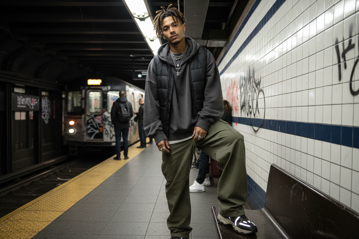 Urban clothing oversized men modeling in New York and metro