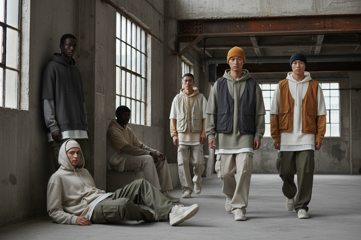 Urban collection men modeling oversized clothing 